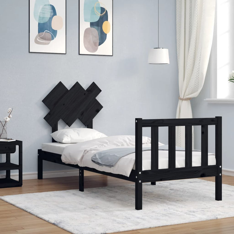 Bedframe met hoofdbord massief hout zwart 2FT6 Small Single