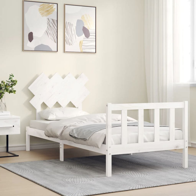 Bedframe met hoofdbord massief hout wit 3FT Single