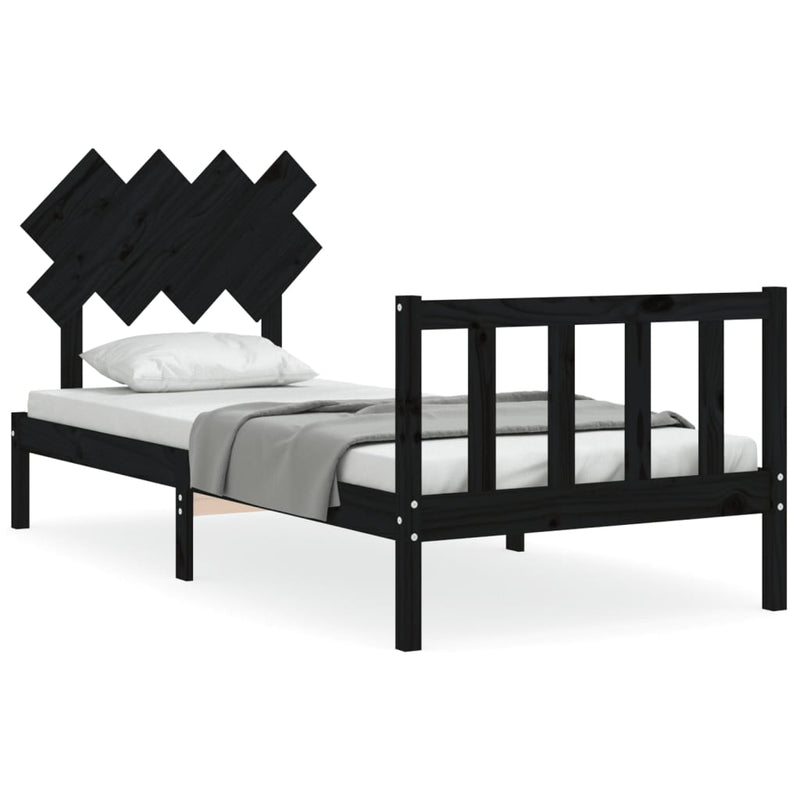 Bedframe met hoofdbord massief hout zwart 3FT Single