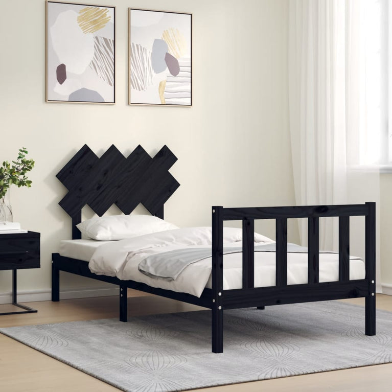 Bedframe met hoofdbord massief hout zwart 3FT Single