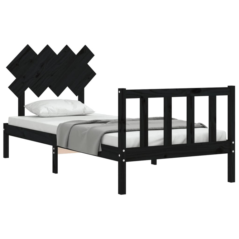 Bedframe met hoofdbord massief hout zwart 3FT Single