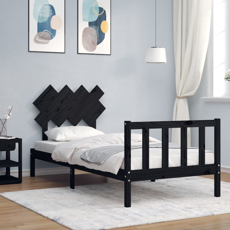 Bedframe met hoofdbord massief hout zwart 3FT Single