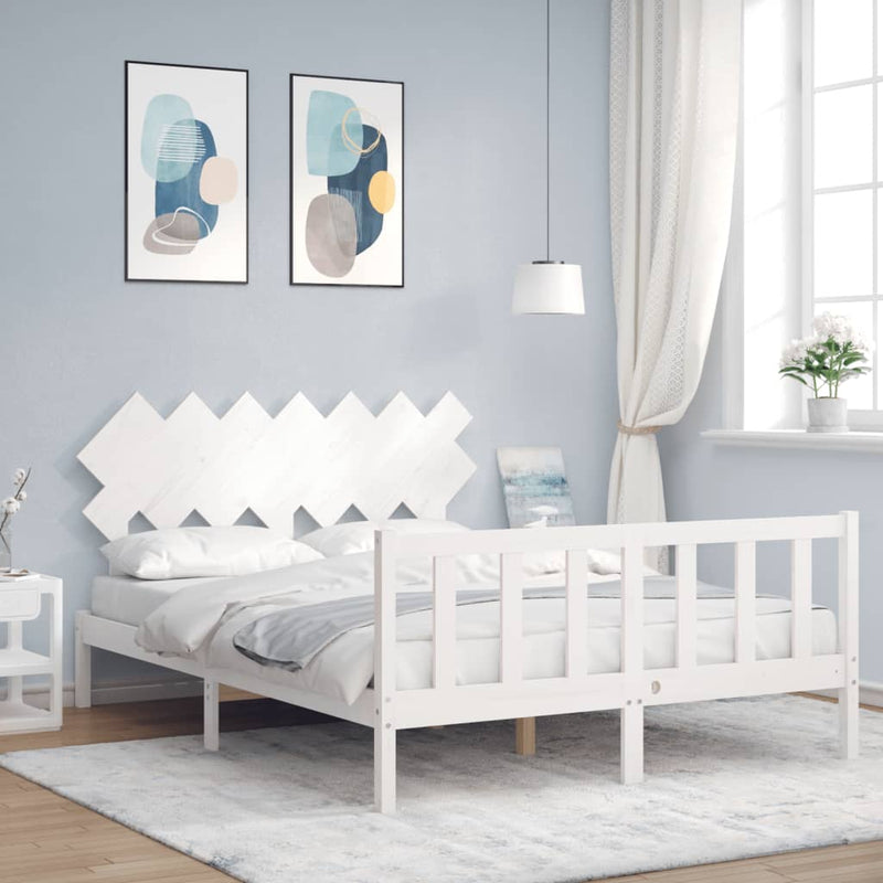 Bedframe met hoofdbord massief hout wit 140x190 cm