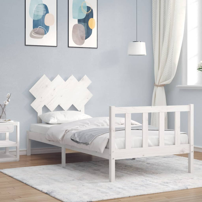 Bedframe met hoofdbord massief hout wit 90x200 cm