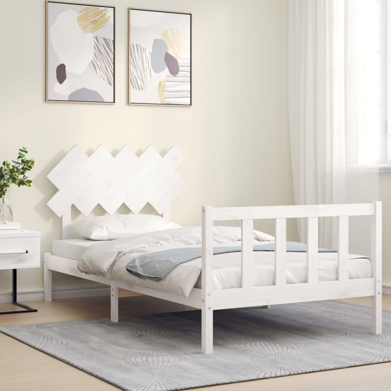 Bedframe met hoofdbord massief hout wit 100x200 cm