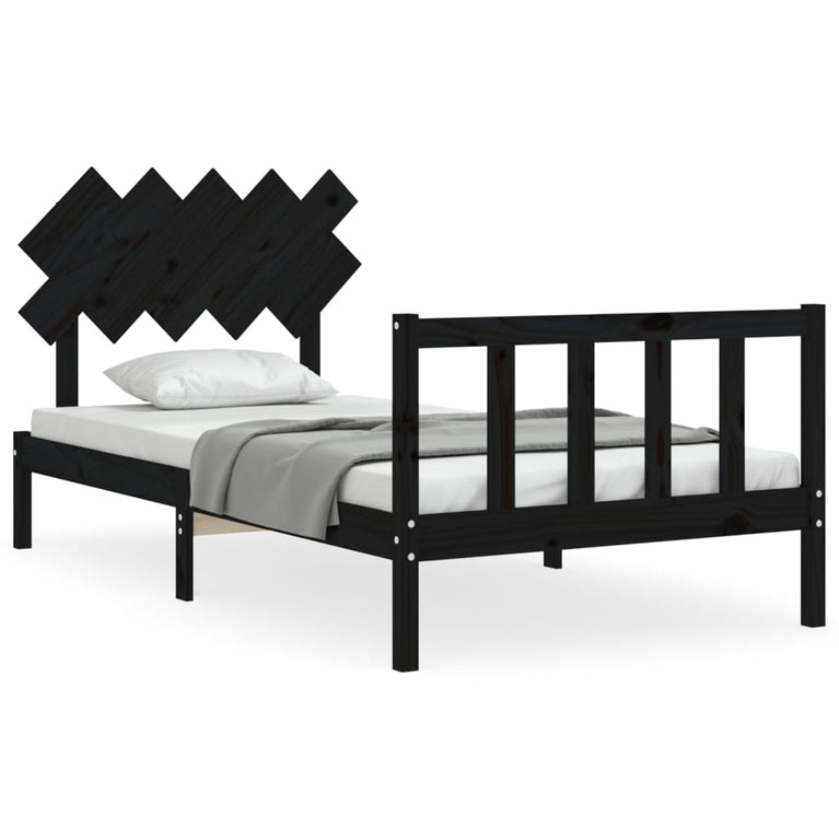 Bedframe met hoofdbord massief hout zwart 100x200 cm