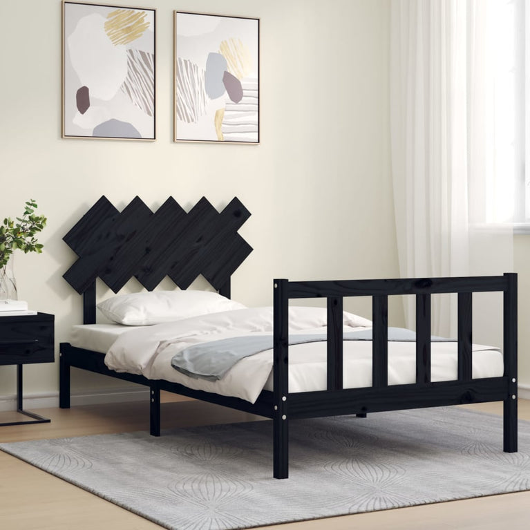 Bedframe met hoofdbord massief hout zwart 100x200 cm