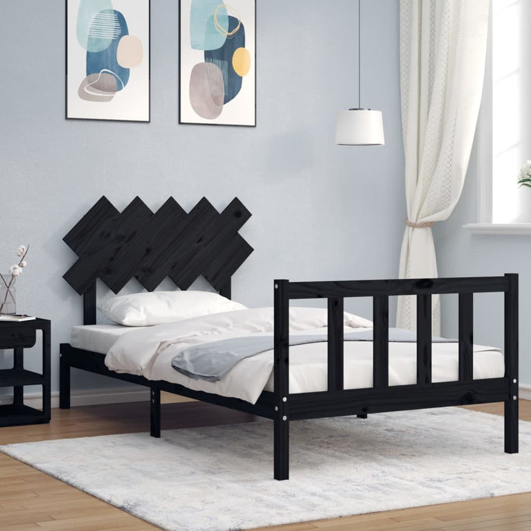 Bedframe met hoofdbord massief hout zwart 100x200 cm