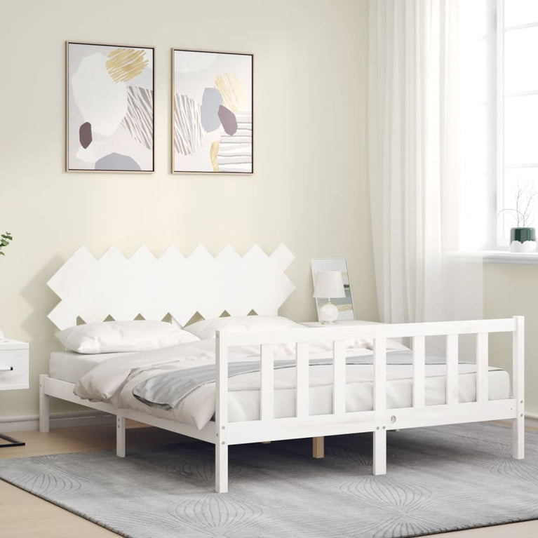 Bedframe met hoofdbord massief hout wit 160x200 cm