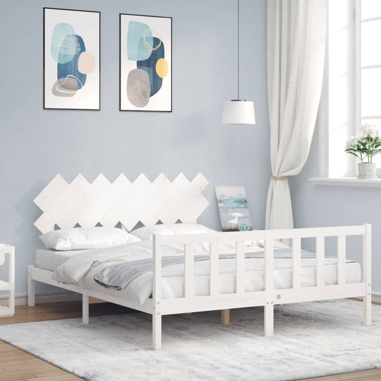 Bedframe met hoofdbord massief hout wit 160x200 cm