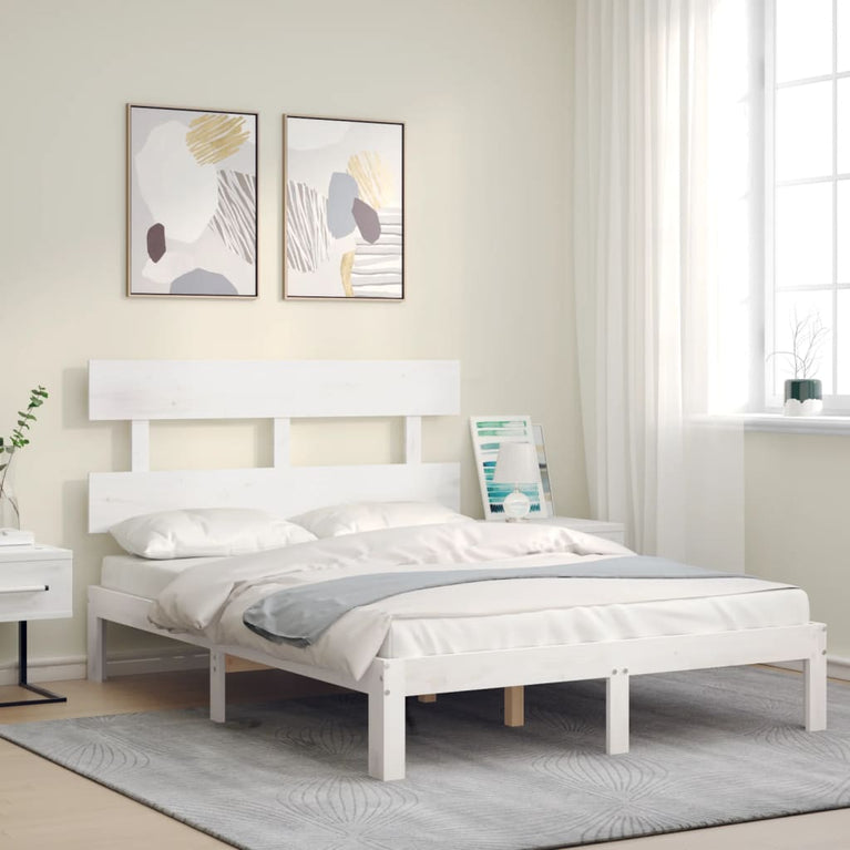 Bedframe met hoofdbord massief hout wit 140x190 cm