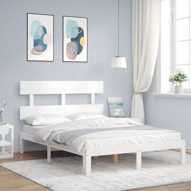Bedframe met hoofdbord massief hout wit 140x190 cm
