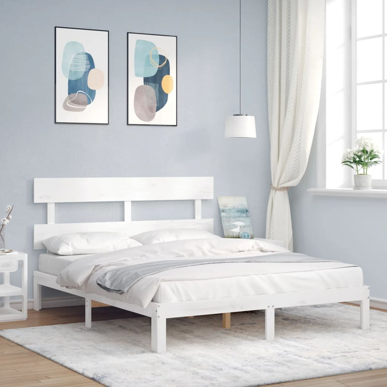 Bedframe met hoofdbord massief hout wit 160x200 cm