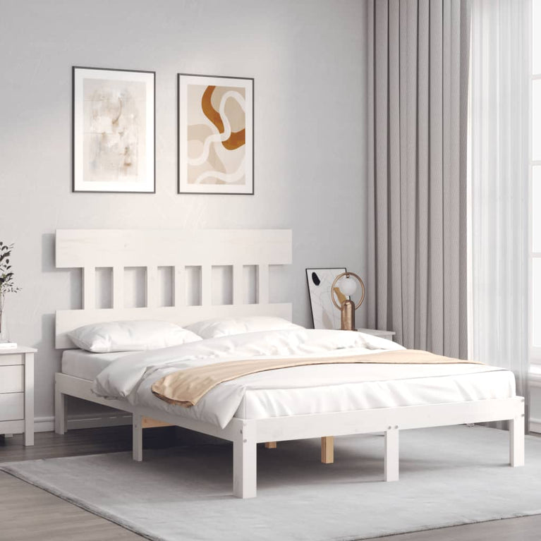Bedframe met hoofdbord massief hout wit 140x190 cm