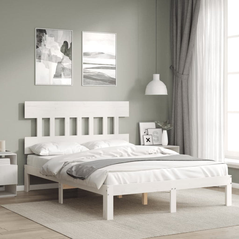 Bedframe met hoofdbord massief hout wit 140x190 cm