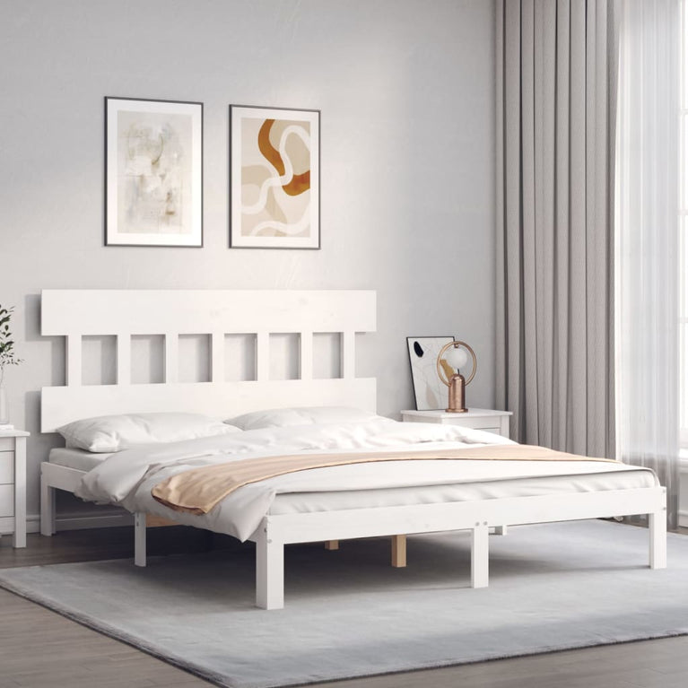 Bedframe met hoofdbord massief hout wit 160x200 cm