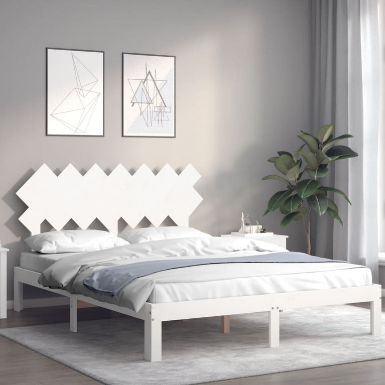 Bedframe met hoofdbord massief hout wit 140x190 cm