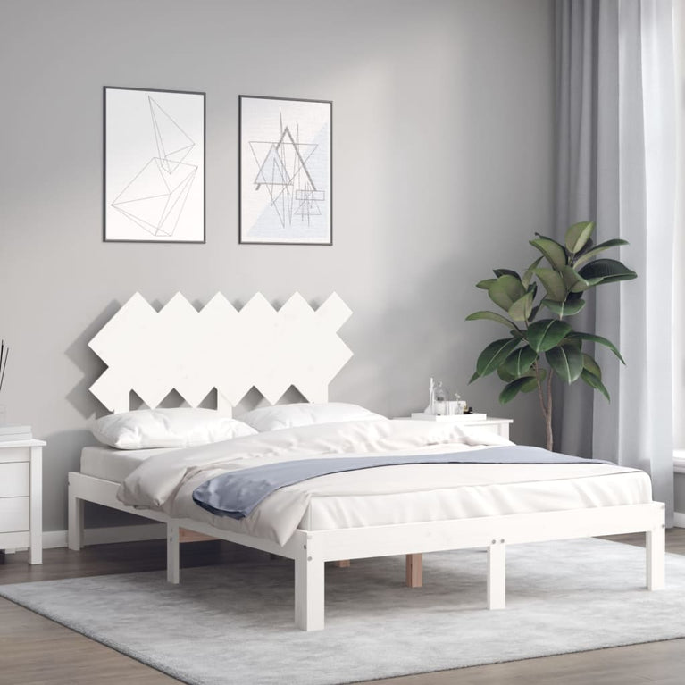 Bedframe met hoofdbord massief hout wit 120x200 cm