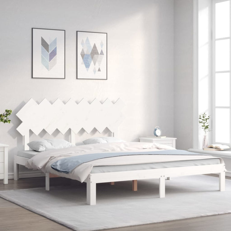 Bedframe met hoofdbord massief hout wit 160x200 cm