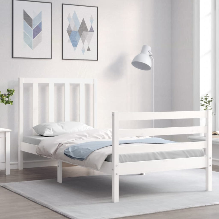 Bedframe met hoofdbord massief hout wit 3FT Single