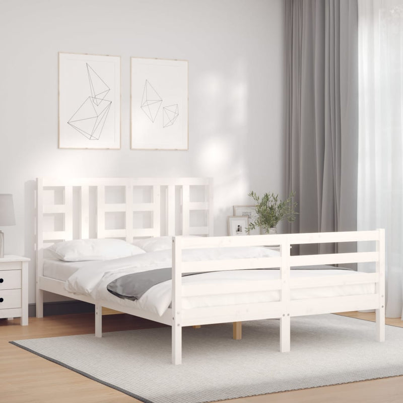 Bedframe met hoofdbord massief hout wit 140x190 cm