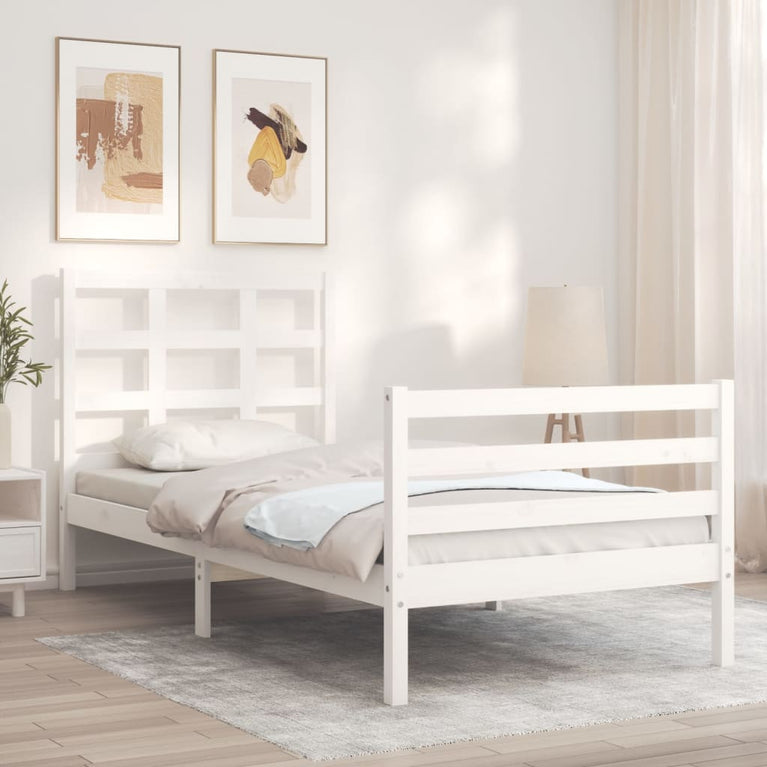 Bedframe met hoofdbord massief hout wit 3FT Single