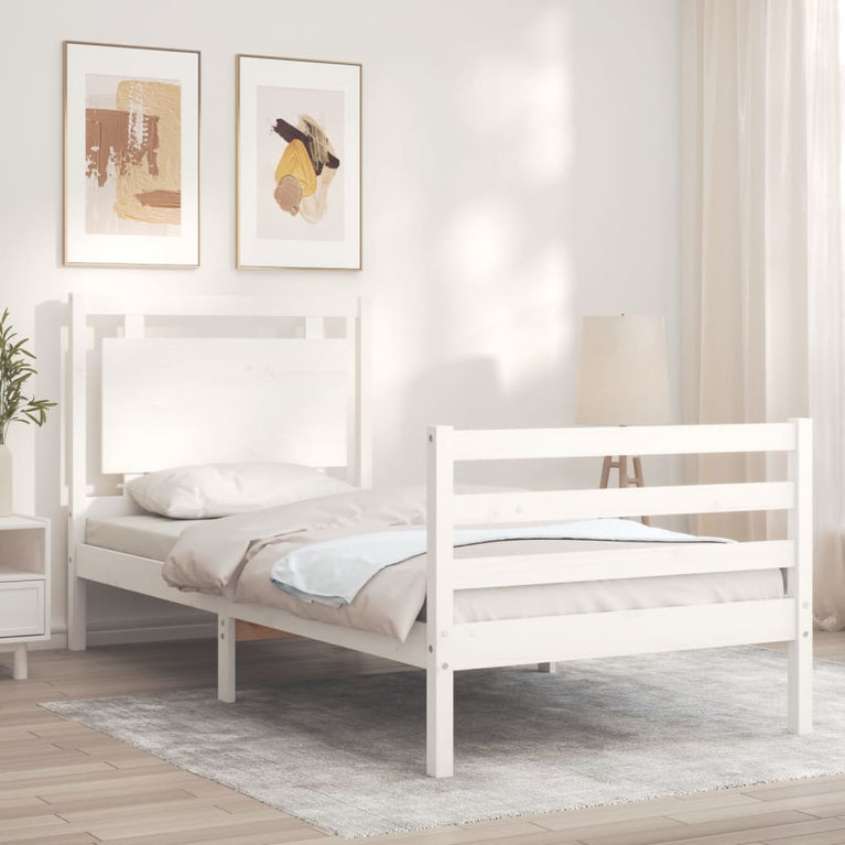 Bedframe met hoofdbord massief hout wit 3FT Single