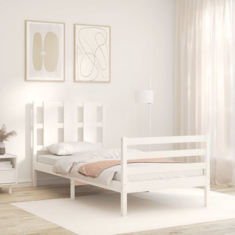 Bedframe met hoofdbord massief hout wit 3FT Single
