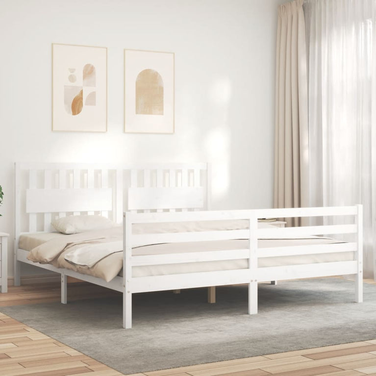 Bedframe met hoofdbord massief hout wit Super King Size