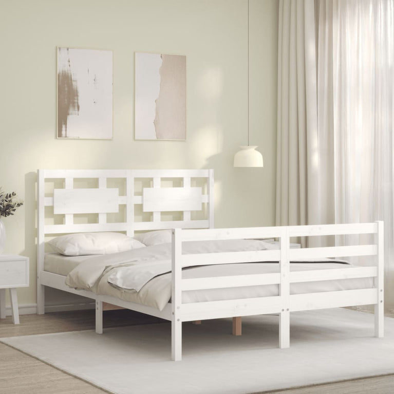 Bedframe met hoofdbord massief hout wit 140x190 cm