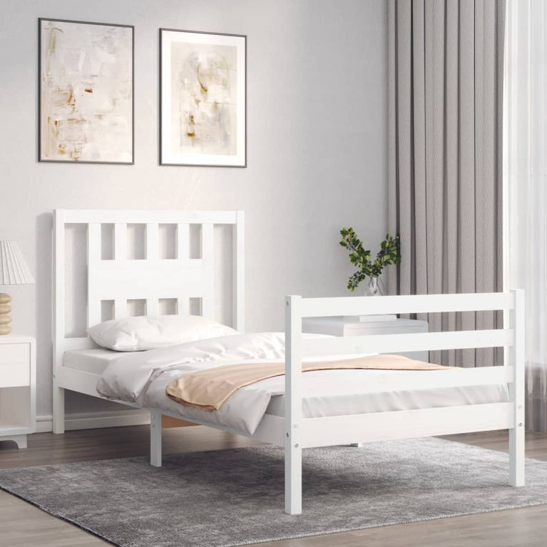 Bedframe met hoofdbord massief hout wit 3FT Single
