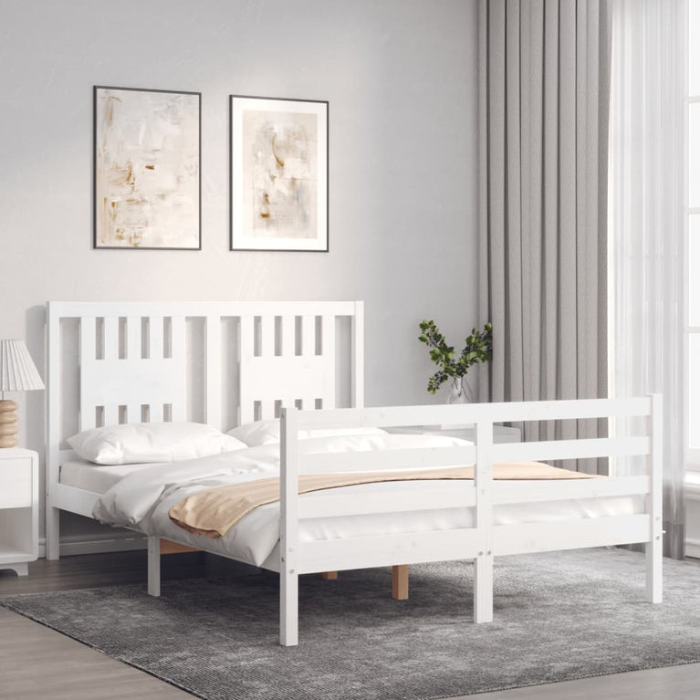 Bedframe met hoofdbord massief hout wit 120x200 cm