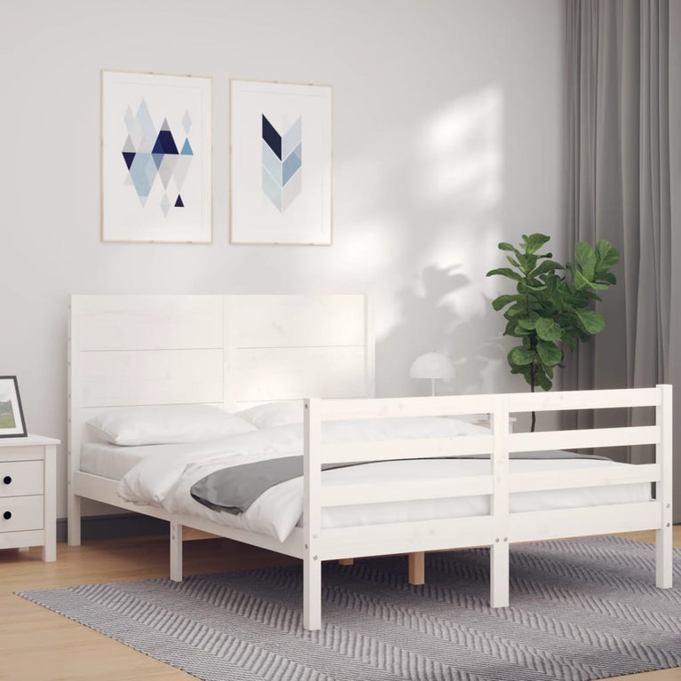Bedframe met hoofdbord massief hout wit 140x190 cm