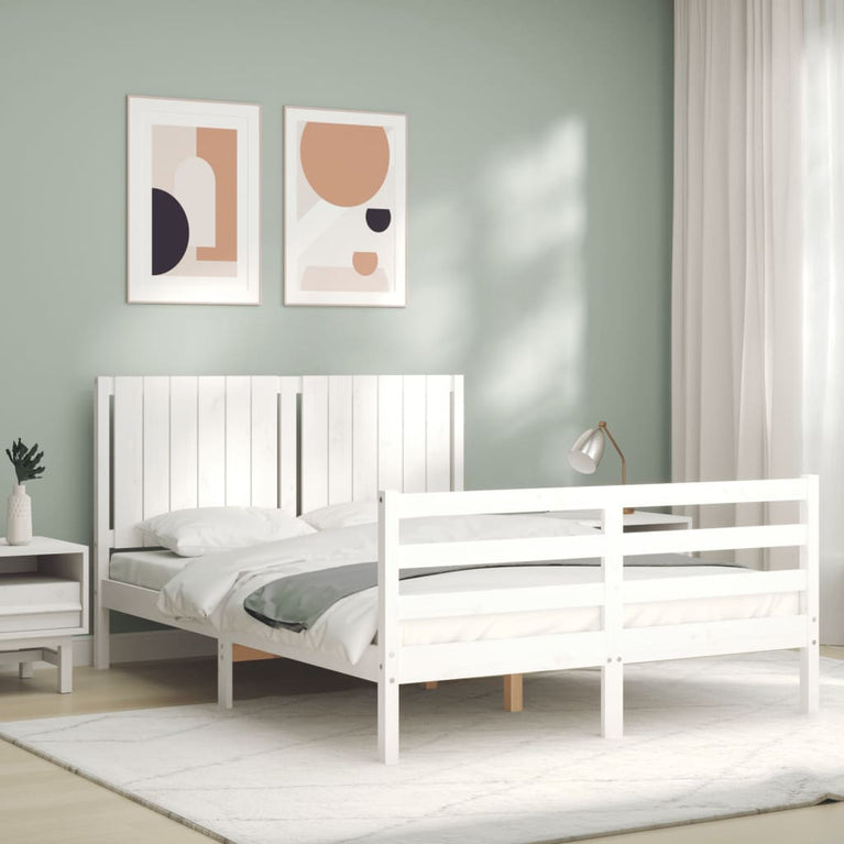 Bedframe met hoofdbord massief hout wit 140x190 cm