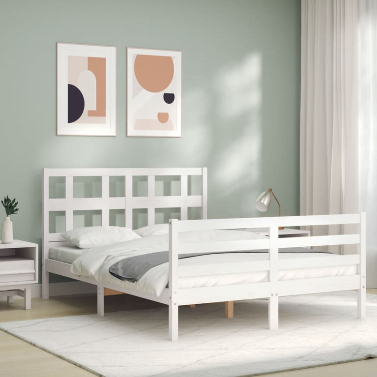 Bedframe met hoofdbord massief hout wit 140x190 cm