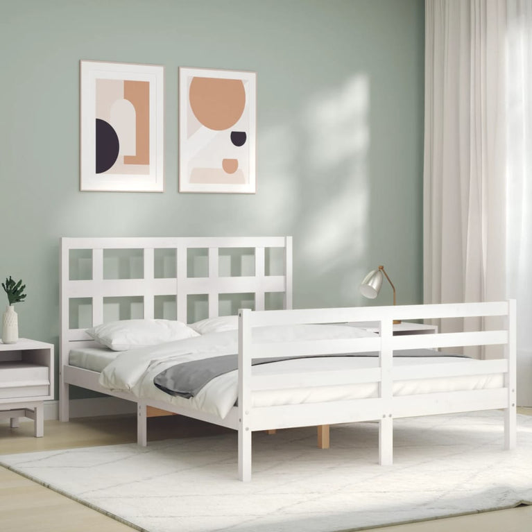 Bedframe met hoofdbord massief hout wit 120x200 cm