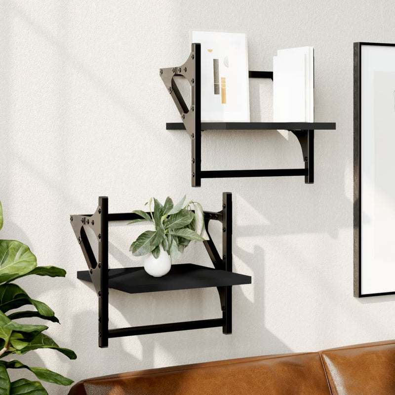 Wandschappen met stangen 2 st 30x25x30 cm zwart MeubelReus