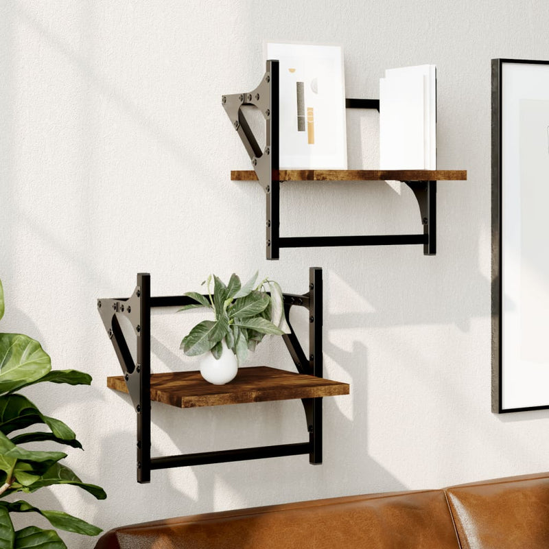 Wandschappen met stangen 2 st 30x25x30 cm gerookt eikenkleurig MeubelReus