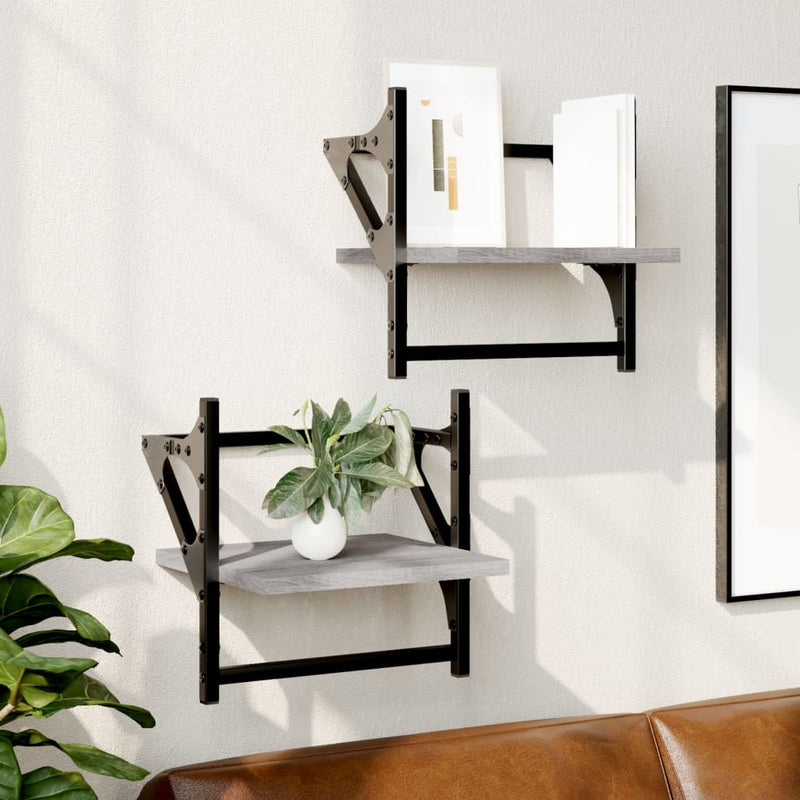 Wandschappen met stangen 2 st 30x25x30 cm grijs sonoma eiken MeubelReus