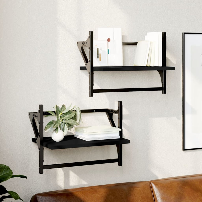 Wandschappen met stangen 2 st 40x25x30 cm zwart MeubelReus