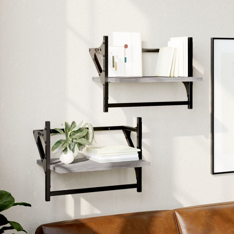 Wandschappen met stangen 2 st 40x25x30 cm grijs sonoma eiken MeubelReus