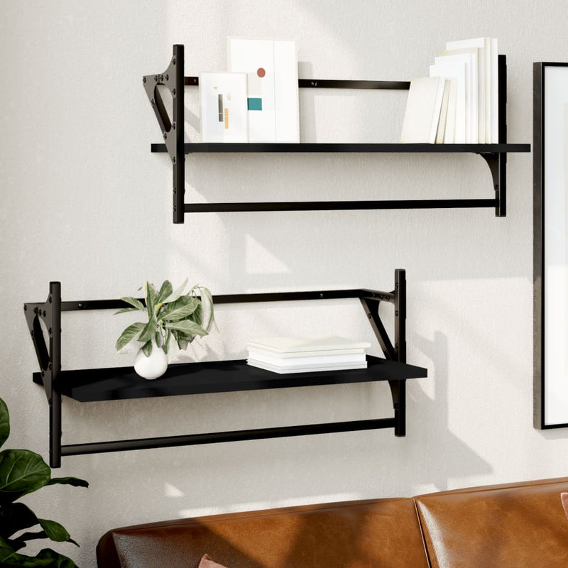 Wandschappen met stangen 2 st 65x25x30 cm zwart MeubelReus
