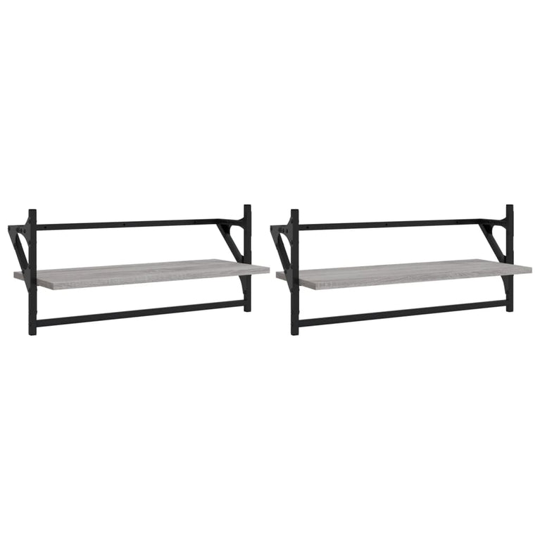 Wandschappen met stangen 2 st 65x25x30 cm grijs sonoma eiken MeubelReus