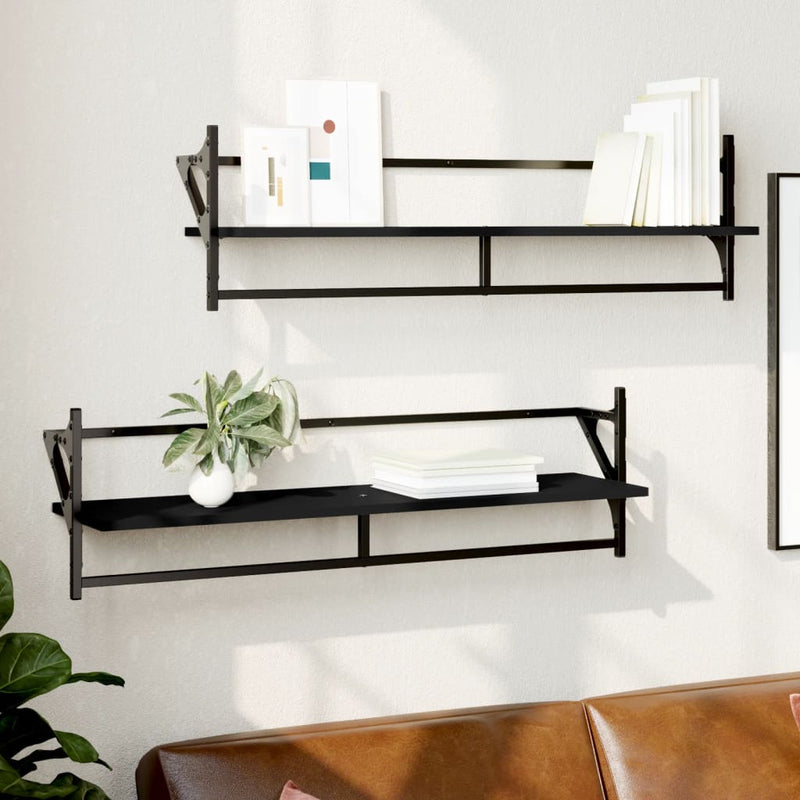 Wandschappen met stangen 2 st 100x25x30 cm zwart MeubelReus