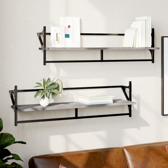 Wandschappen met stangen 2 st 100x25x30 cm grijs sonoma eiken MeubelReus