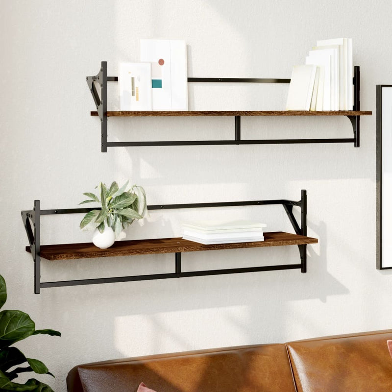 Wandschappen met stangen 2 st 100x25x30 cm bruin eikenkleur MeubelReus