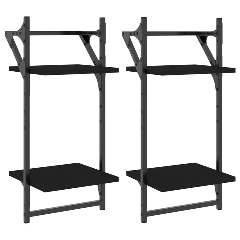 Wandschappen 2-laags met stangen 2 st 30x25x65 cm zwart MeubelReus