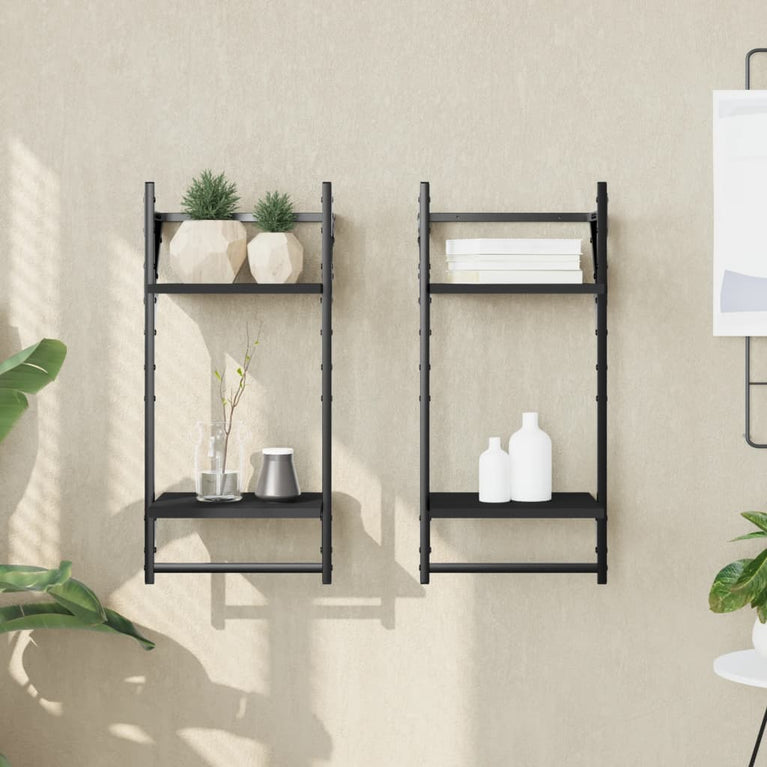 Wandschappen 2-laags met stangen 2 st 30x25x65 cm zwart MeubelReus