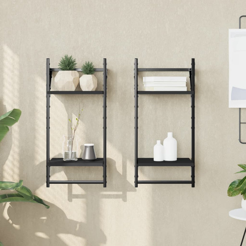 Wandschappen 2-laags met stangen 2 st 30x25x65 cm zwart MeubelReus