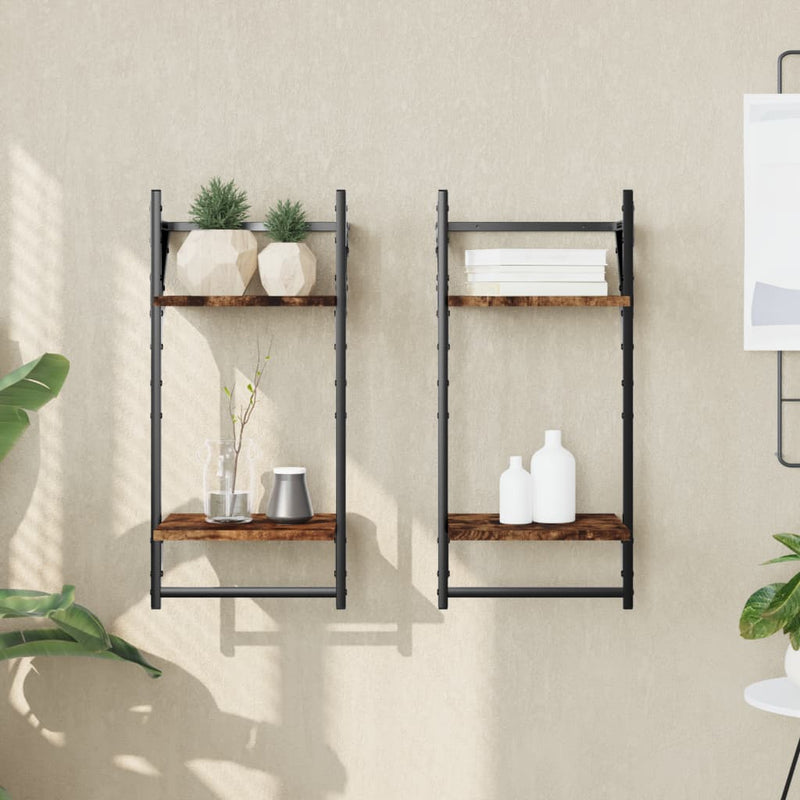 Wandschappen 2-laags met stangen 2 st 30x25x65 cm gerookt eiken MeubelReus